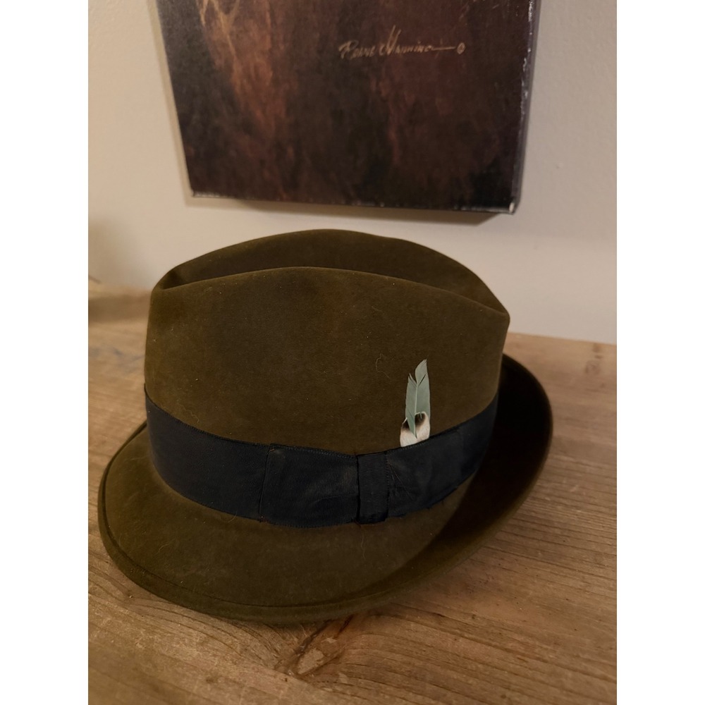 Stetson The Centennial Fedora Hat Olive Green 3X Beaver Fur Felt Vintage 6 7/8